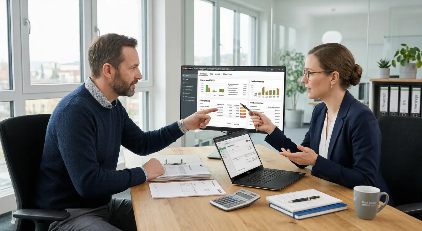 Zwei Fachkr&auml;fte analysieren Lexware Finanzdaten im B&uuml;ro an Monitor und Laptop